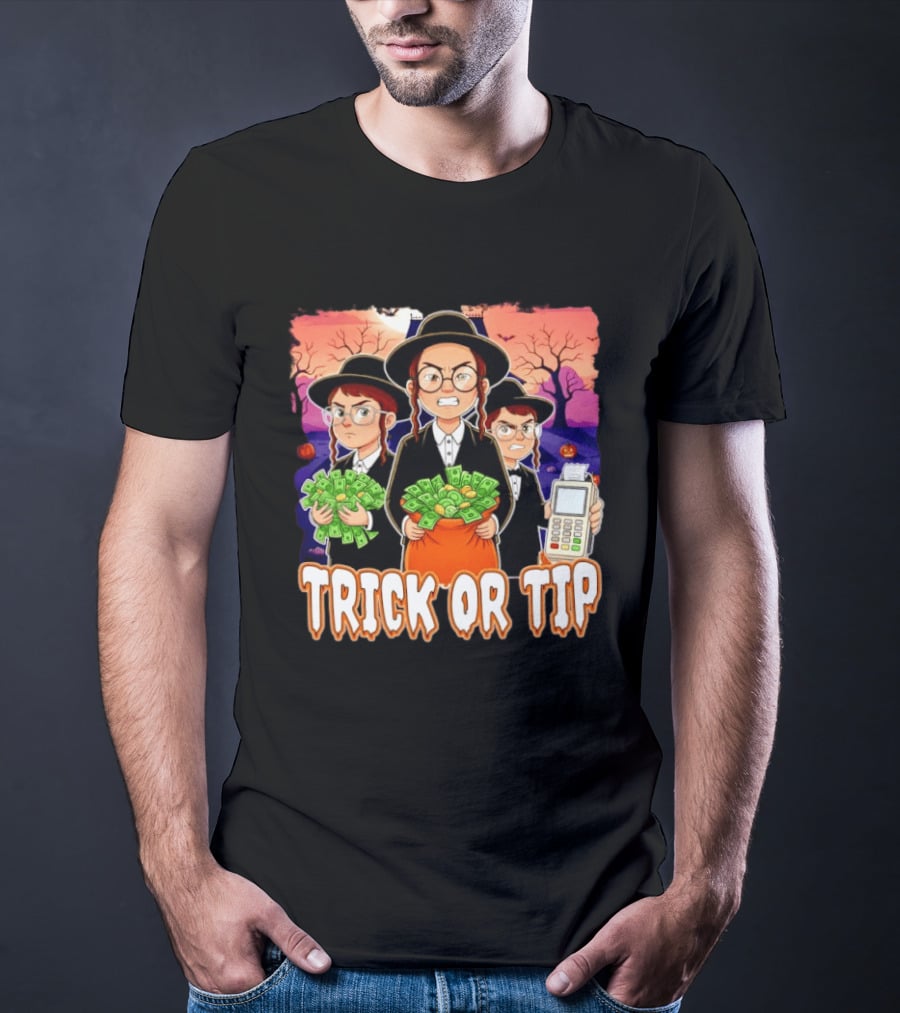 Trick Or Tip Halloween Money Bag Cartoon Characters Holding Cash And Payment Terminal T-Shirt