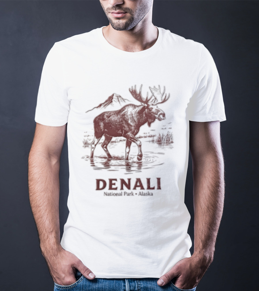 Denali Moose Walking In Water Near Mountain Scenery T-Shirt