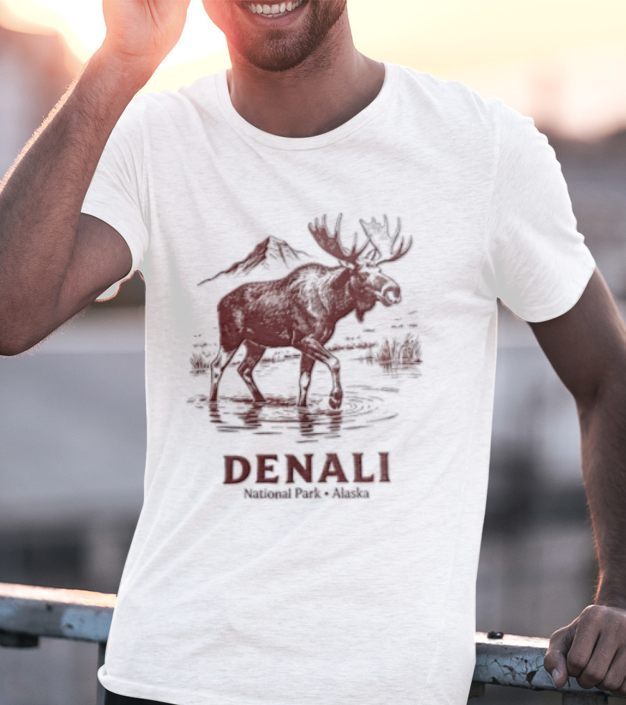 Denali Moose Walking In Water Near Mountain Scenery T-Shirt