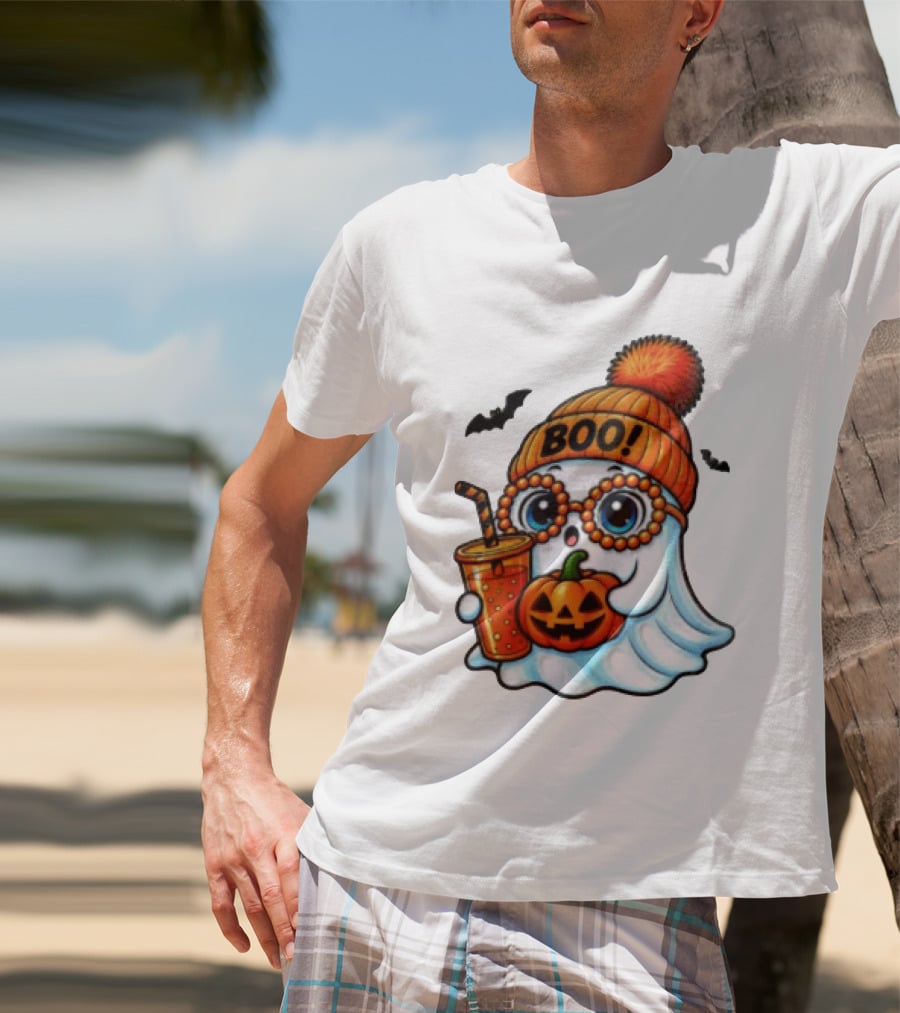 BOO Halloween Ghost With Pumpkin And Drink Spooky Fall Vibes T-Shirt