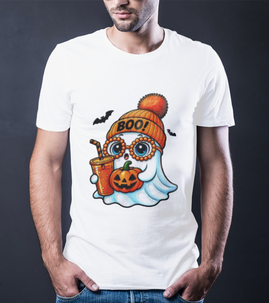 BOO Halloween Ghost With Pumpkin And Drink Spooky Fall Vibes T-Shirt