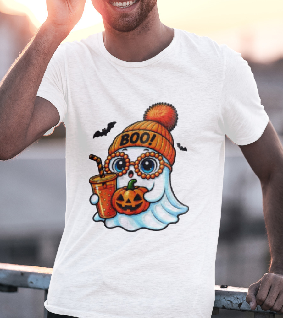 BOO Halloween Ghost With Pumpkin And Drink Spooky Fall Vibes T-Shirt