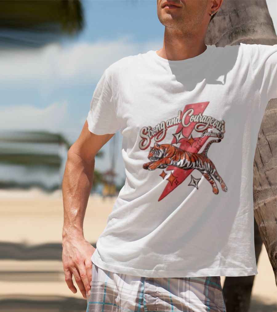 Strong And Courageous Joshua 1 9 Leaping Tiger Pink Lightning Bolt Stars T-Shirt