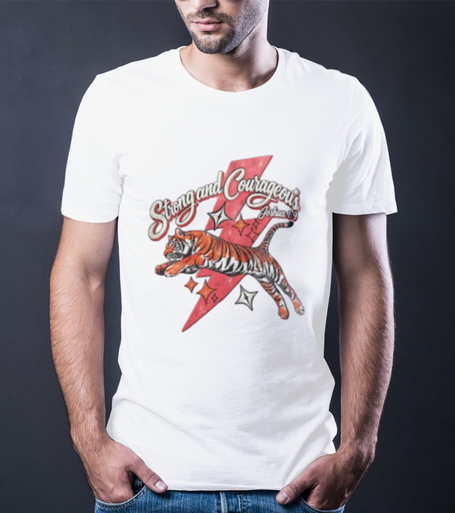 Strong And Courageous Joshua 1 9 Leaping Tiger Pink Lightning Bolt Stars T-Shirt