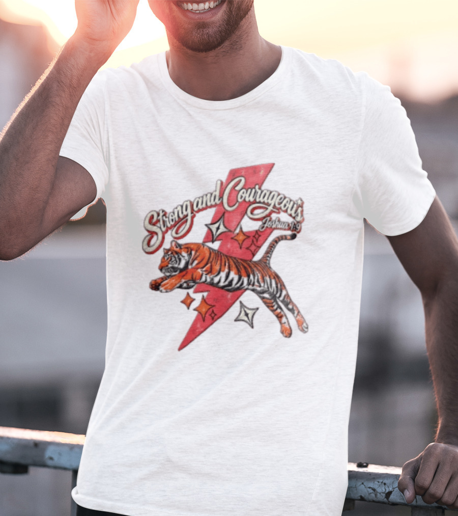 Strong And Courageous Joshua 1 9 Leaping Tiger Pink Lightning Bolt Stars T-Shirt