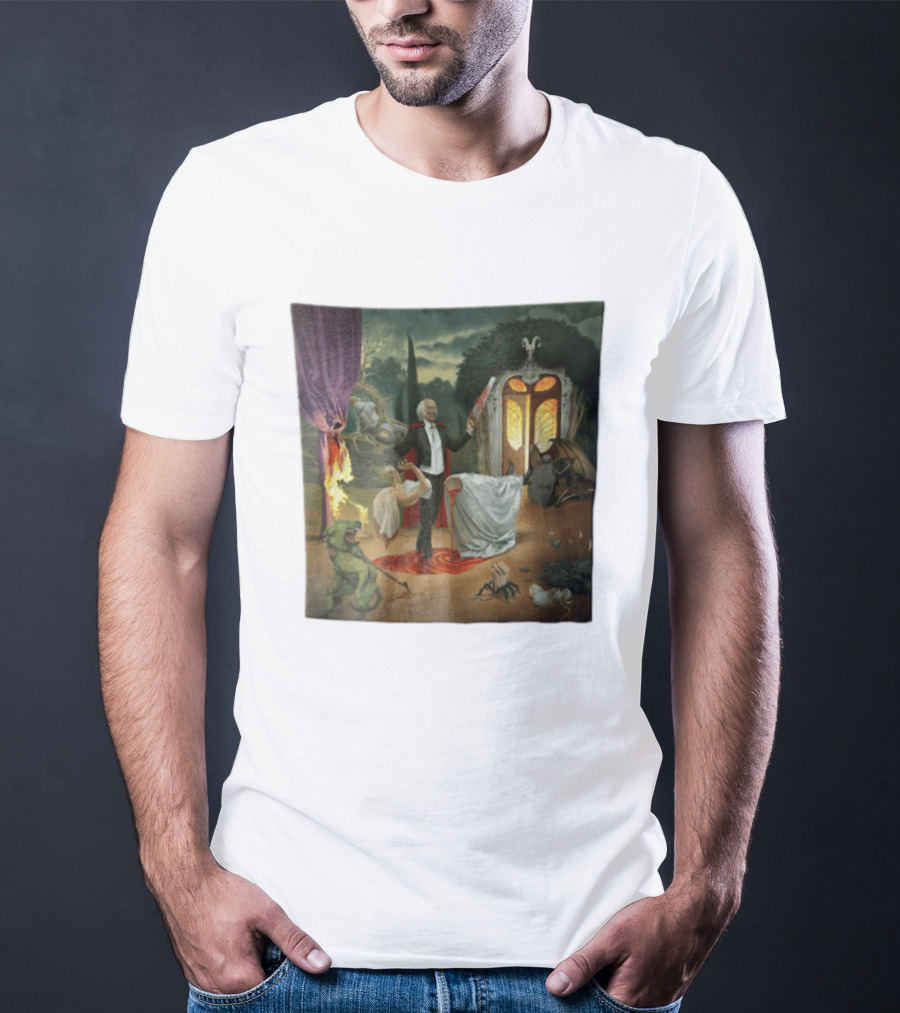 Surreal Gothic Man With Candle And Floating Figures Mysterious Enchantment T-Shirt