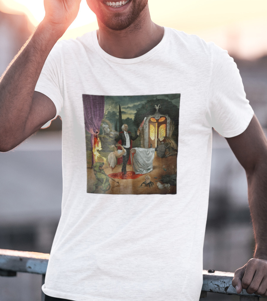 Surreal Gothic Man With Candle And Floating Figures Mysterious Enchantment T-Shirt