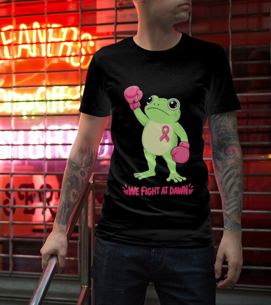 Boxing Frog We Fight At Dawn Breast Cancer Awareness Pink Gloves Ribbon T-Shirt