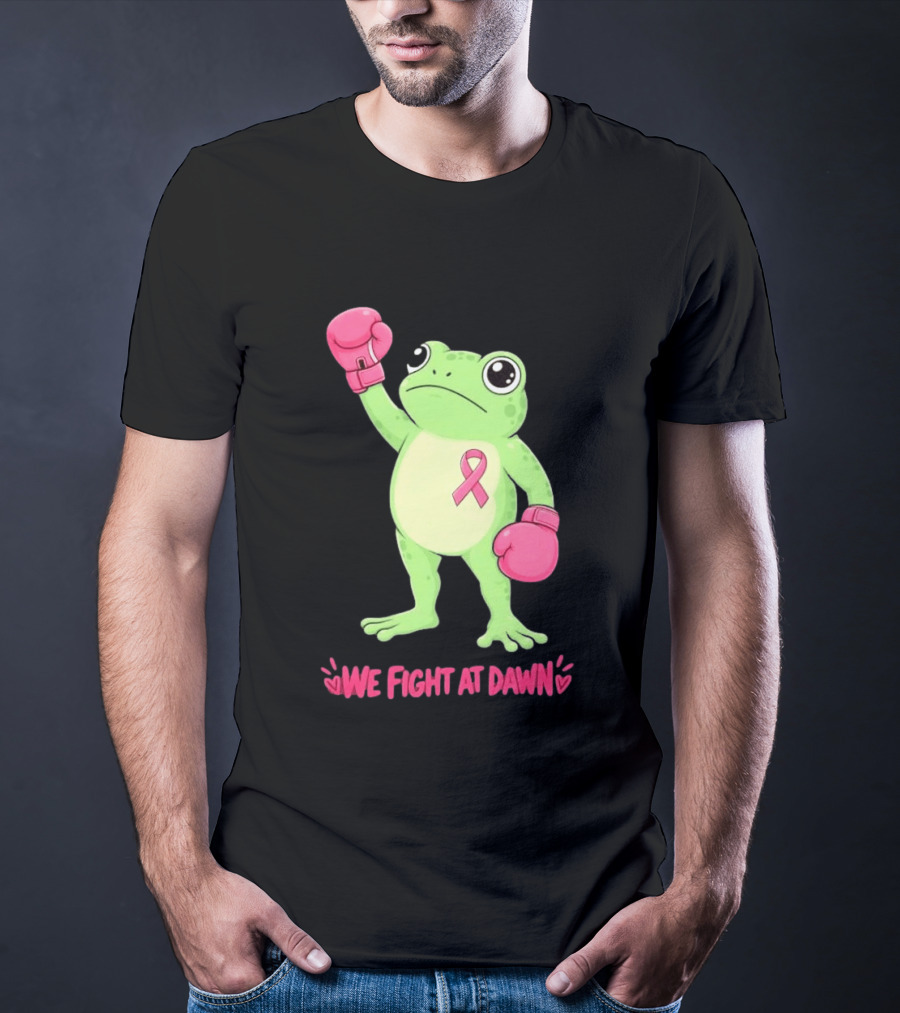 Boxing Frog We Fight At Dawn Breast Cancer Awareness Pink Gloves Ribbon T-Shirt