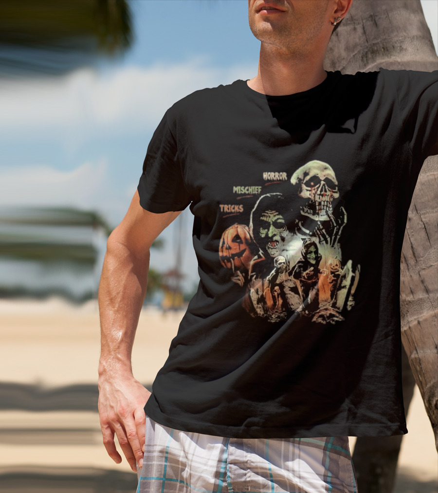 Halloween Horror Mischief Tricks Spooky Trio Skeletons And Jack O' Lanterns T-Shirt