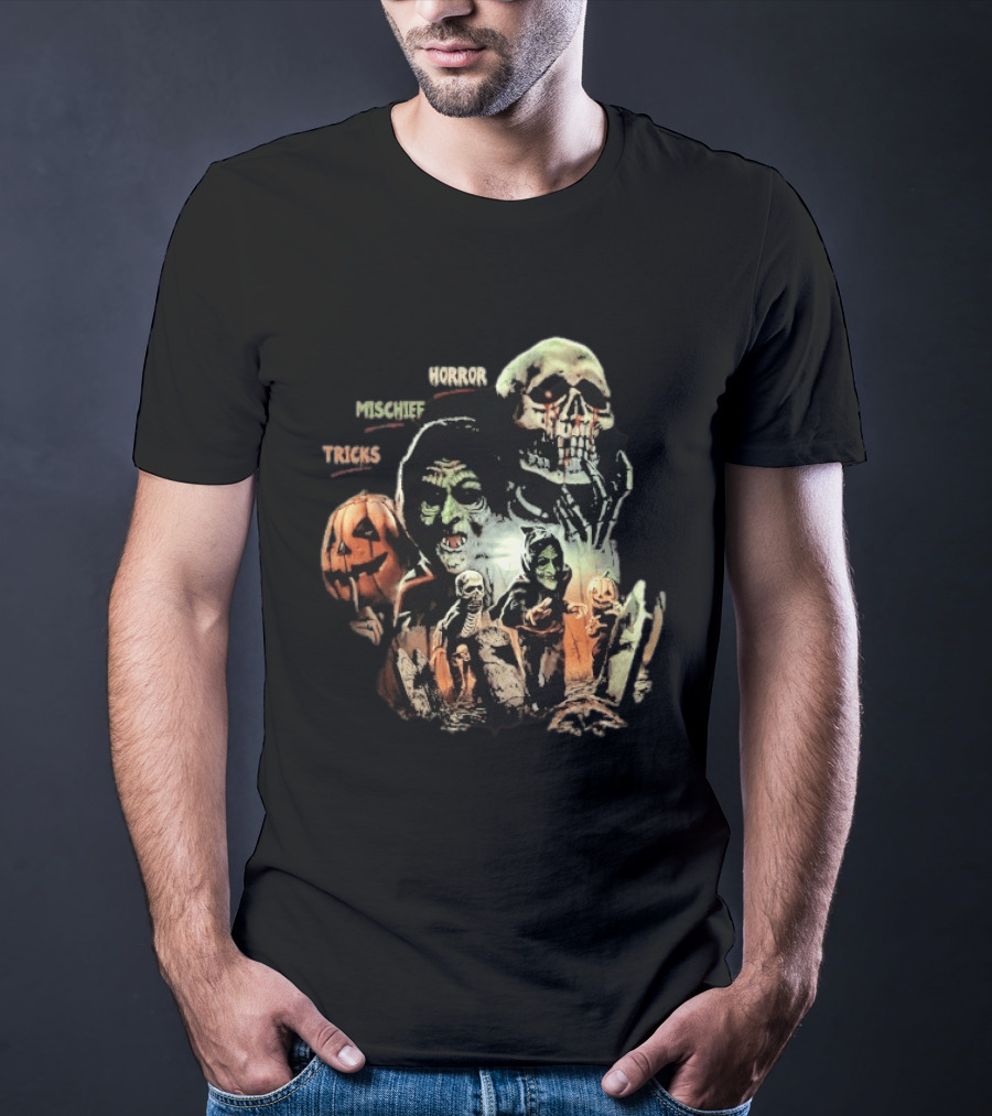 Halloween Horror Mischief Tricks Spooky Trio Skeletons And Jack O' Lanterns T-Shirt
