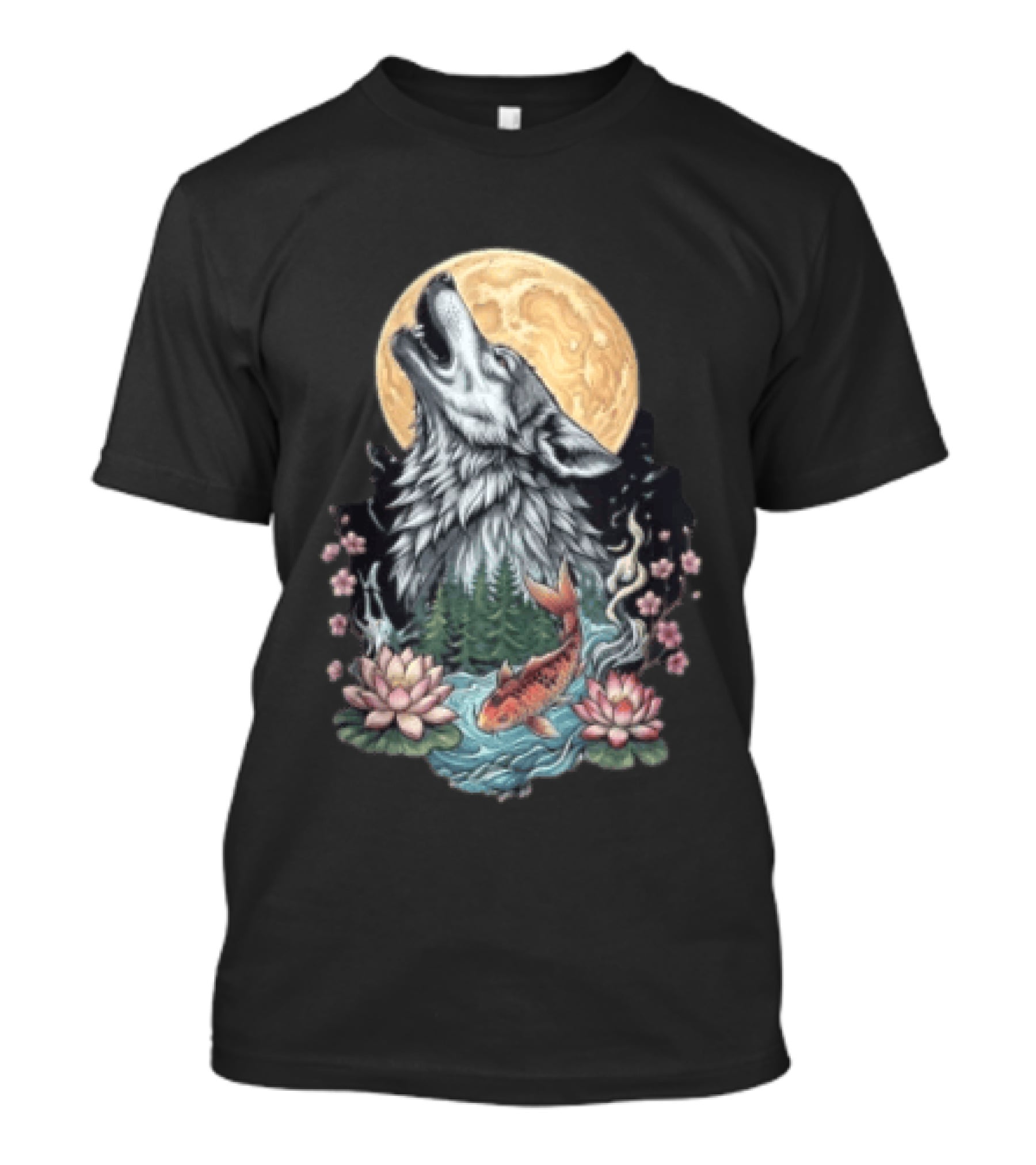Howling Wolf Full Moon Koi Lotus Blossoms T-Shirt