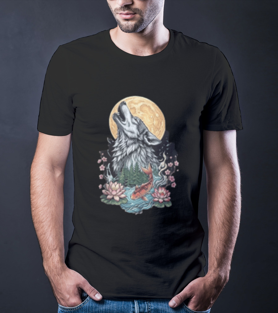 Howling Wolf Full Moon Koi Lotus Blossoms T-Shirt