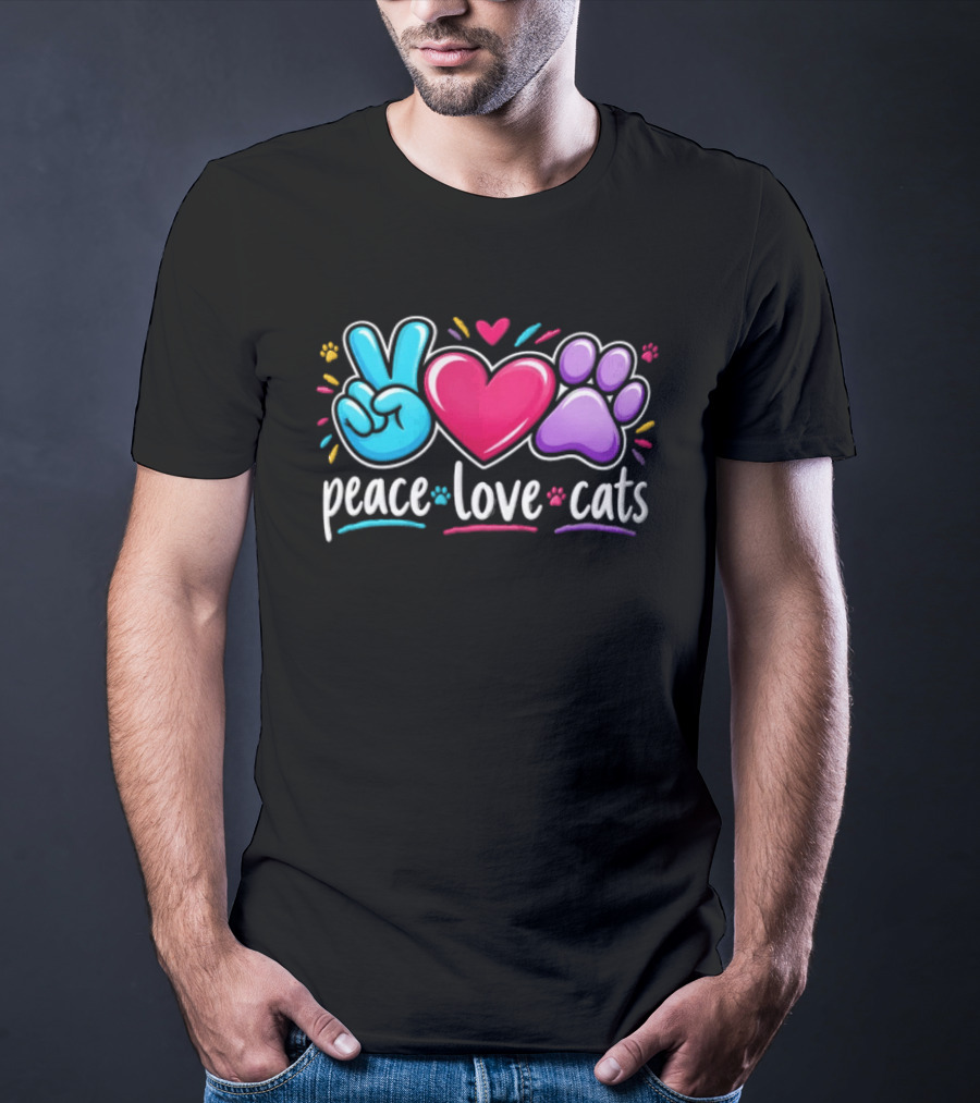Peace Love Cats Sign Heart Paw Rainbow T-Shirt