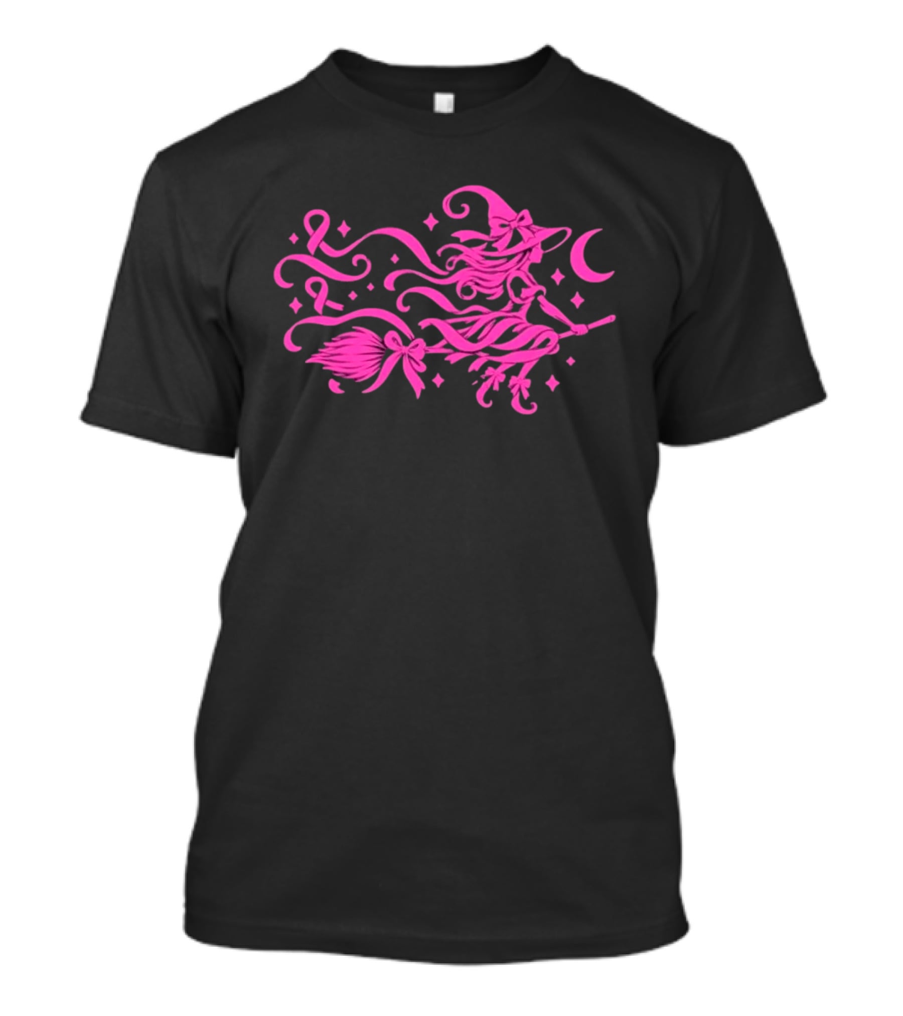 Pink Witch Riding Broom With Breast Cancer Awareness Ribbon T-Shirt