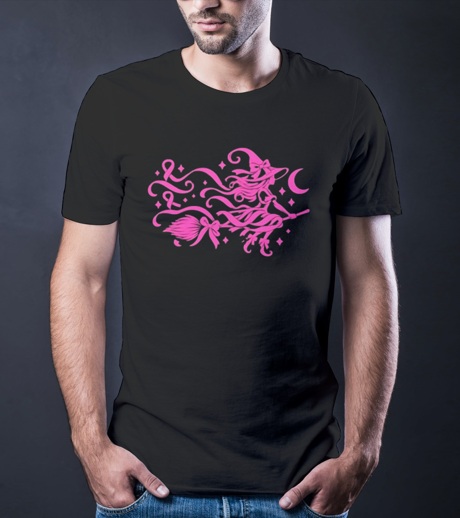 Pink Witch Riding Broom With Breast Cancer Awareness Ribbon T-Shirt