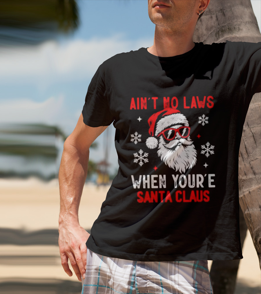 Ain't No Laws When You're Santa Claus Christmas Humor Santa Hat Sunglasses Snowflakes T-Shirt