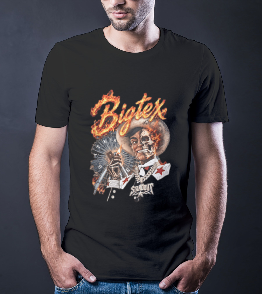 Big Tex Skeleton Cowboy Flaming Hat Texas Star Ferris Wheel T-Shirt