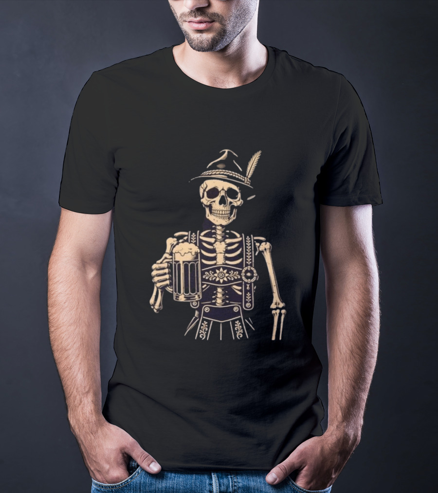 Oktoberfest Skeleton In Lederhosen With Beer And Bavarian Hat T-Shirt