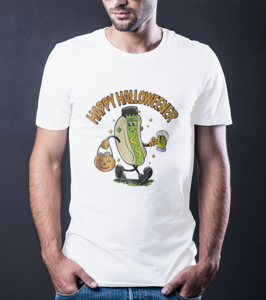 Happy Halloweener Frankenstein Hot Dog With Beer And Pumpkin Bucket T-Shirt