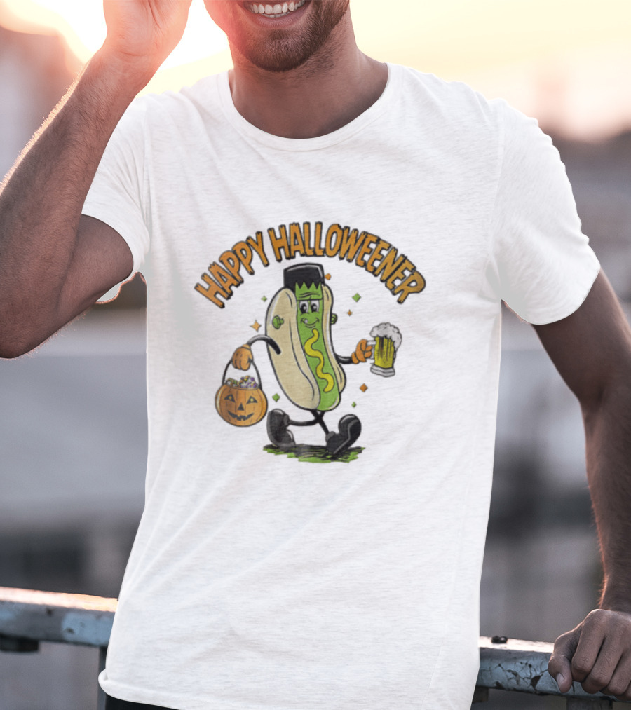 Happy Halloweener Frankenstein Hot Dog With Beer And Pumpkin Bucket T-Shirt