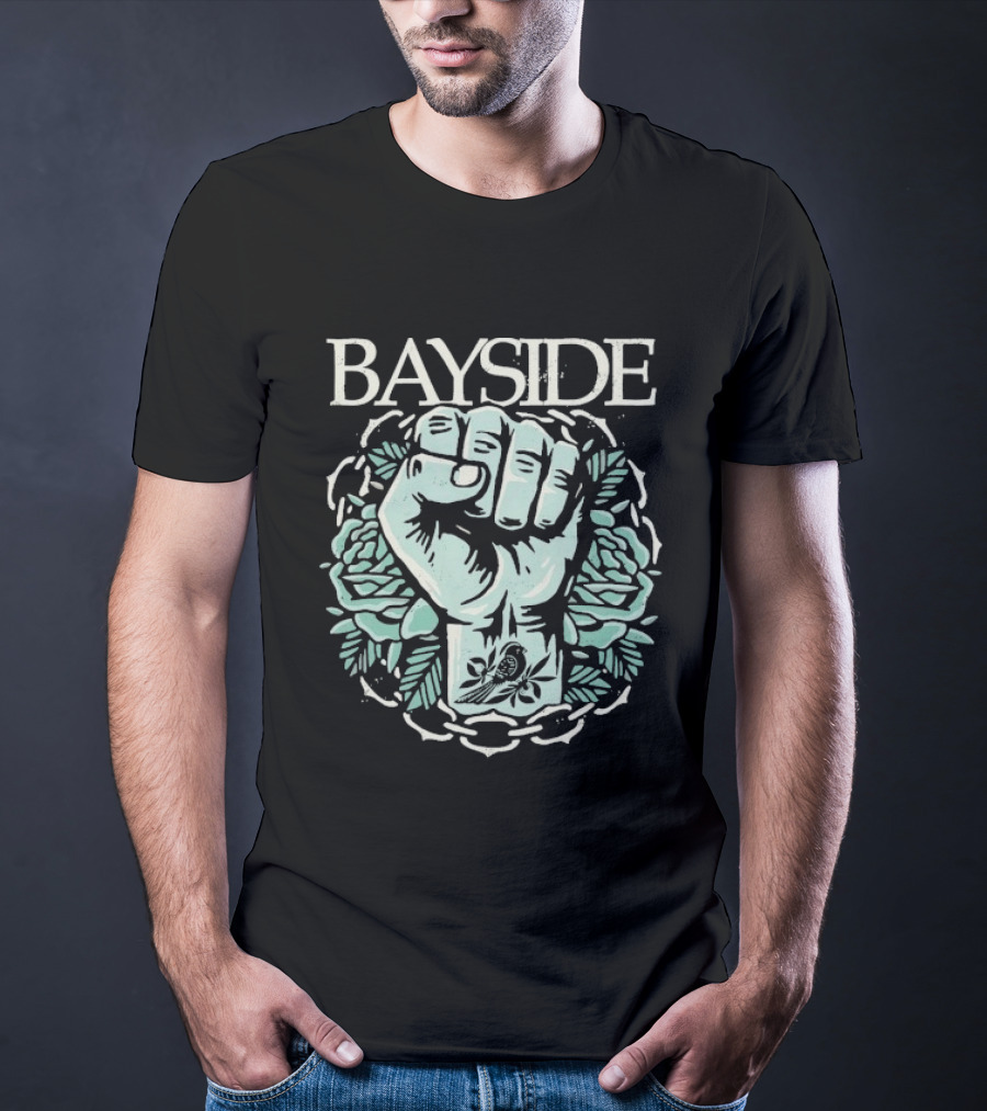 Bayside Acoustic Fist Tattoo Style With Roses And Fist In Chain Circle T-Shirt