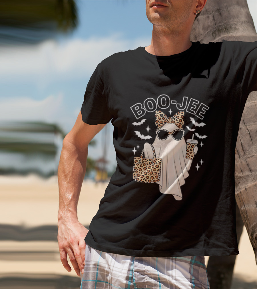 Boo Jee Stylish Ghost With Leopard Print Accessories And Bats T-Shirt