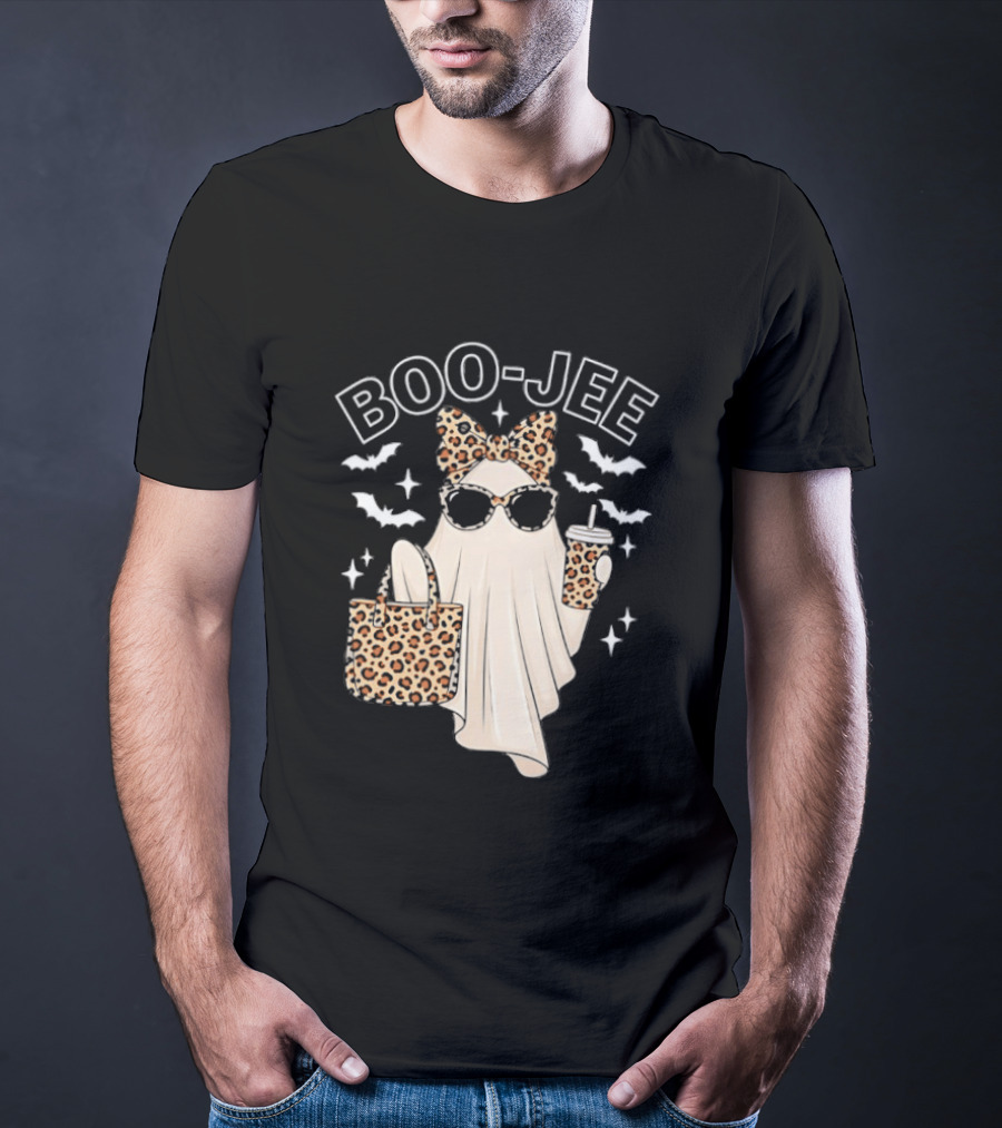 Boo Jee Stylish Ghost With Leopard Print Accessories And Bats T-Shirt