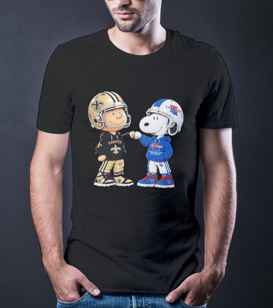 Charlie Brown Saints And Snoopy Louisiana Tech Bulldogs Team Helmet Fist Bump T-Shirt