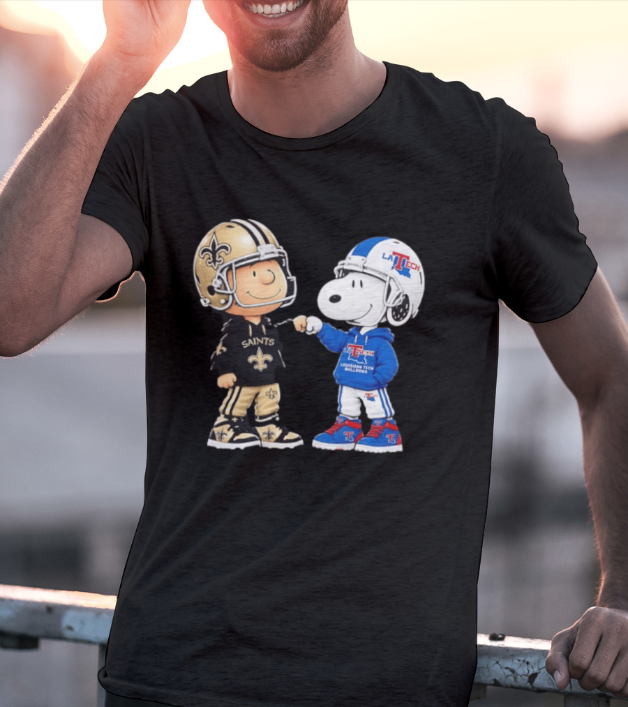 Charlie Brown Saints And Snoopy Louisiana Tech Bulldogs Team Helmet Fist Bump T-Shirt