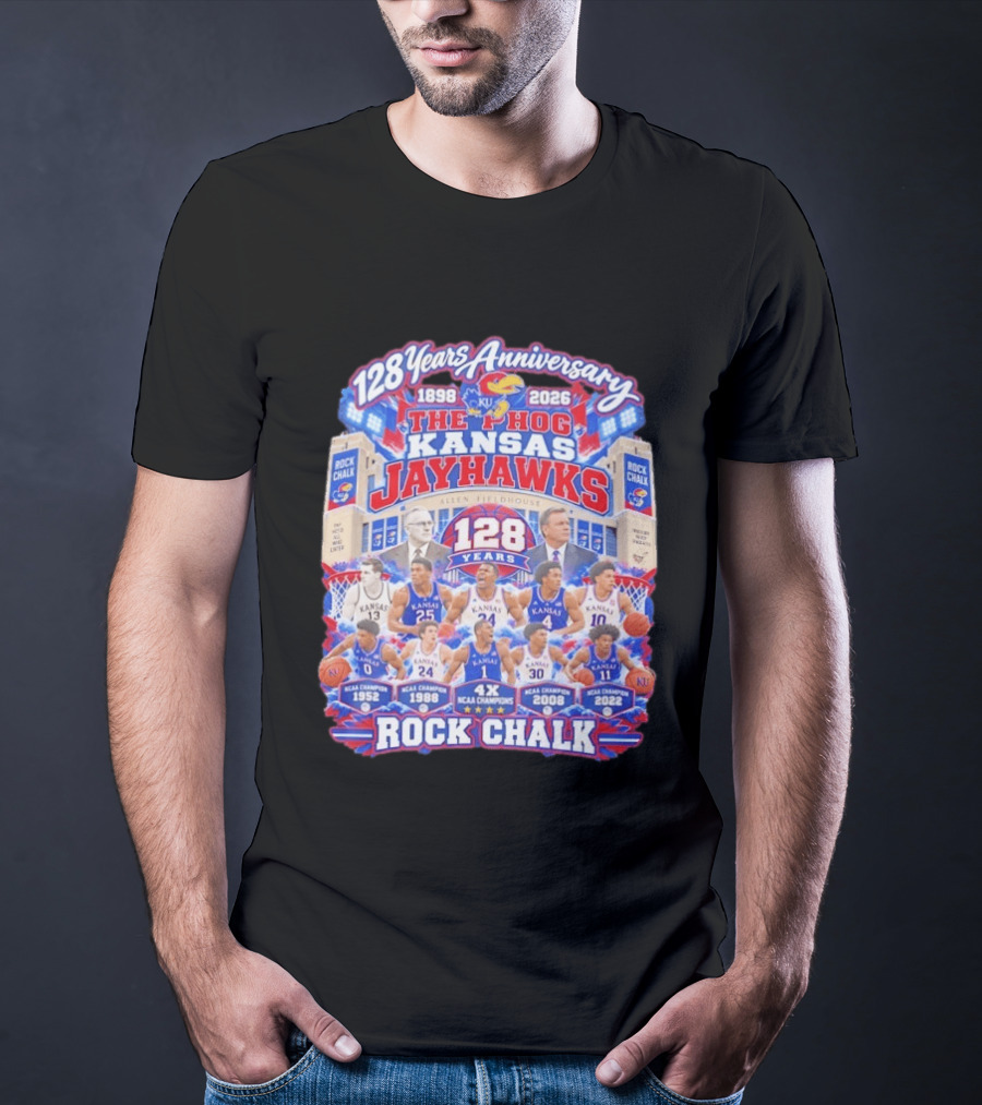 Kansas Jayhawks 128 Years Anniversary 1898 2026 The Phog NCAA Champions Rock Chalk T-Shirt