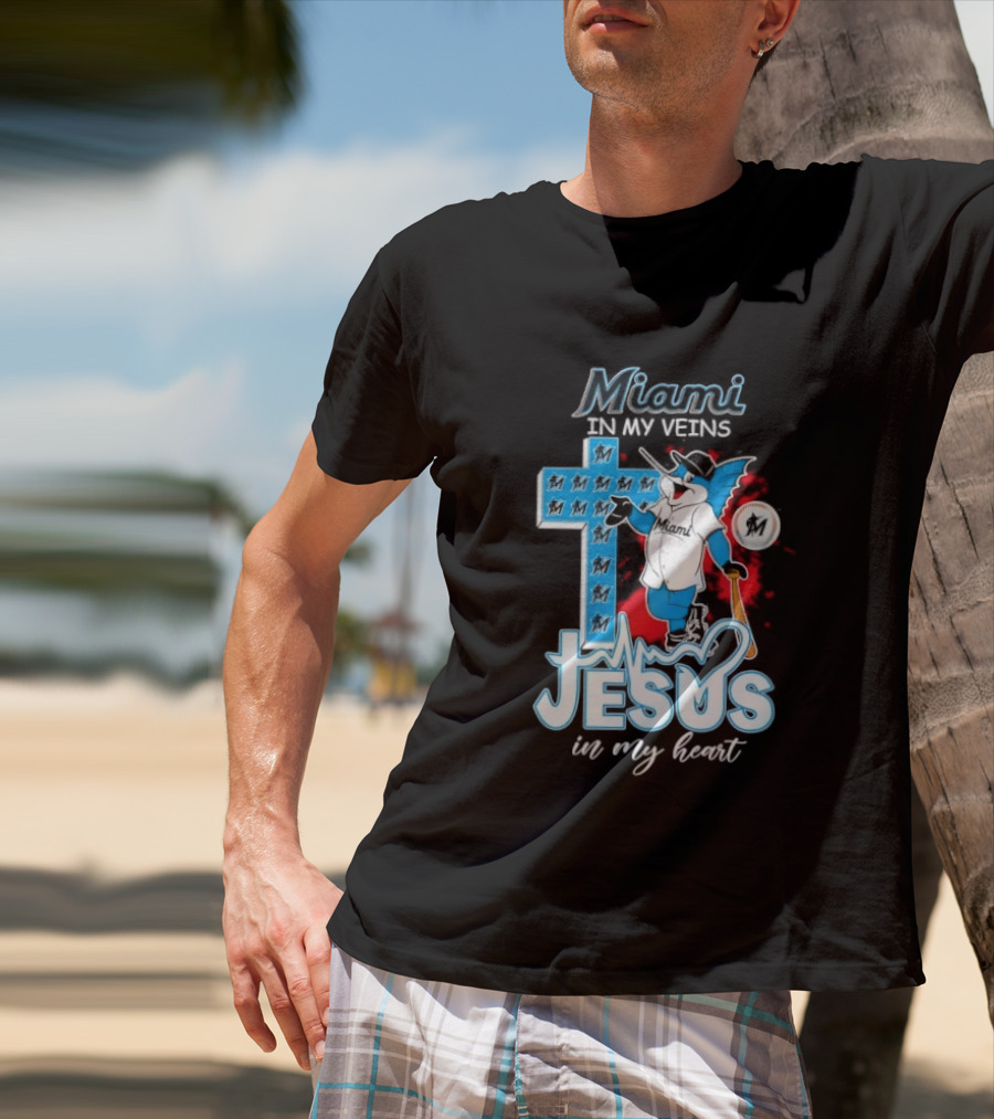 Miami Marlins In My Veins Jesus In My Heart Cross Baseball T-Shirt