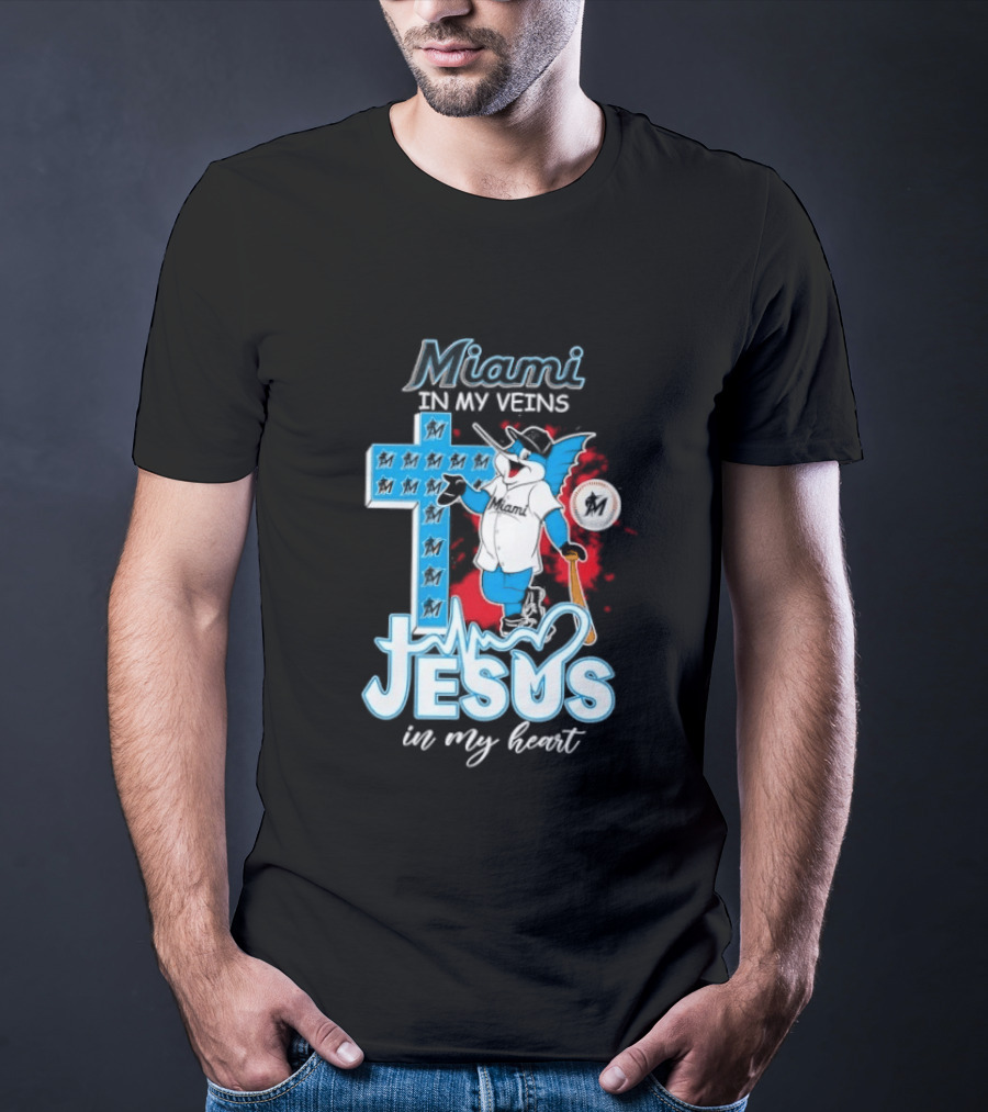 Miami Marlins In My Veins Jesus In My Heart Cross Baseball T-Shirt