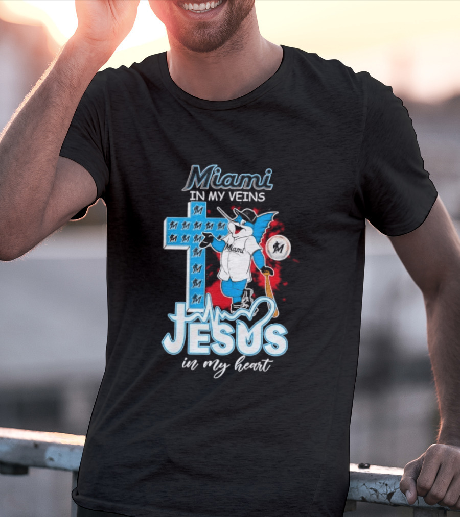 Miami Marlins In My Veins Jesus In My Heart Cross Baseball T-Shirt