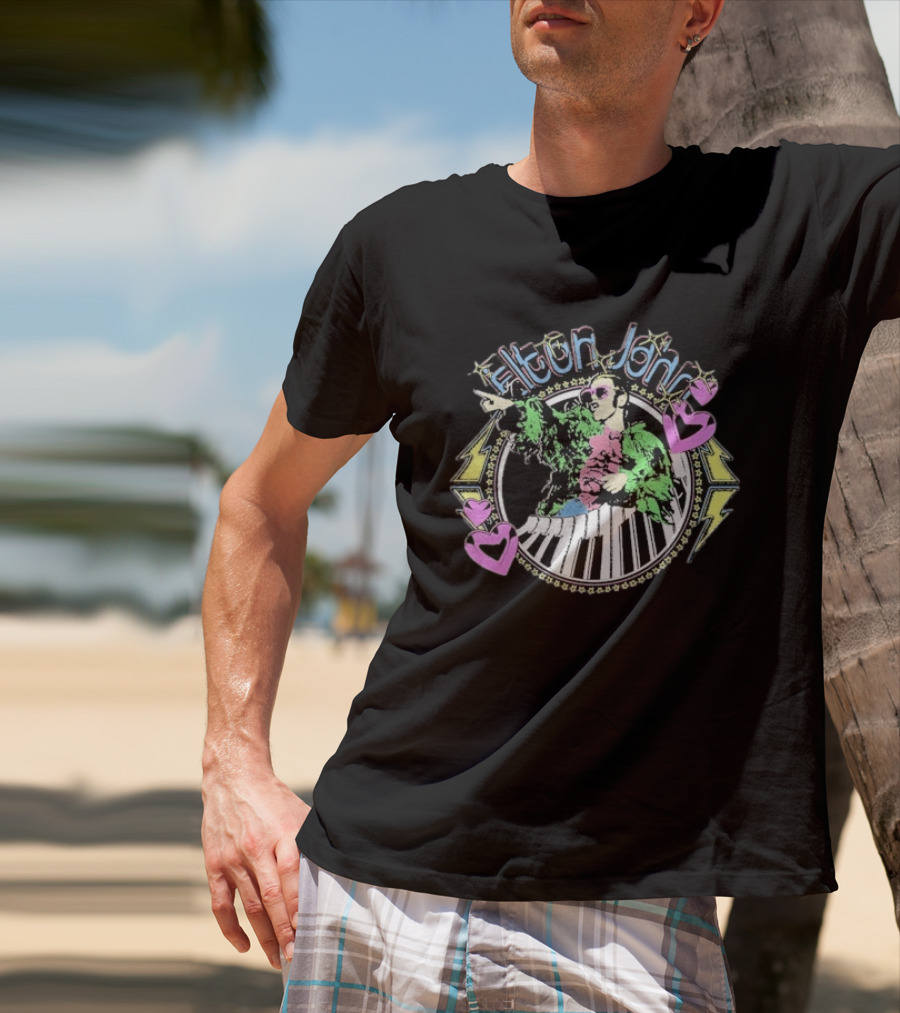 Elton John Distressed Colorful Piano And Hearts T-Shirt