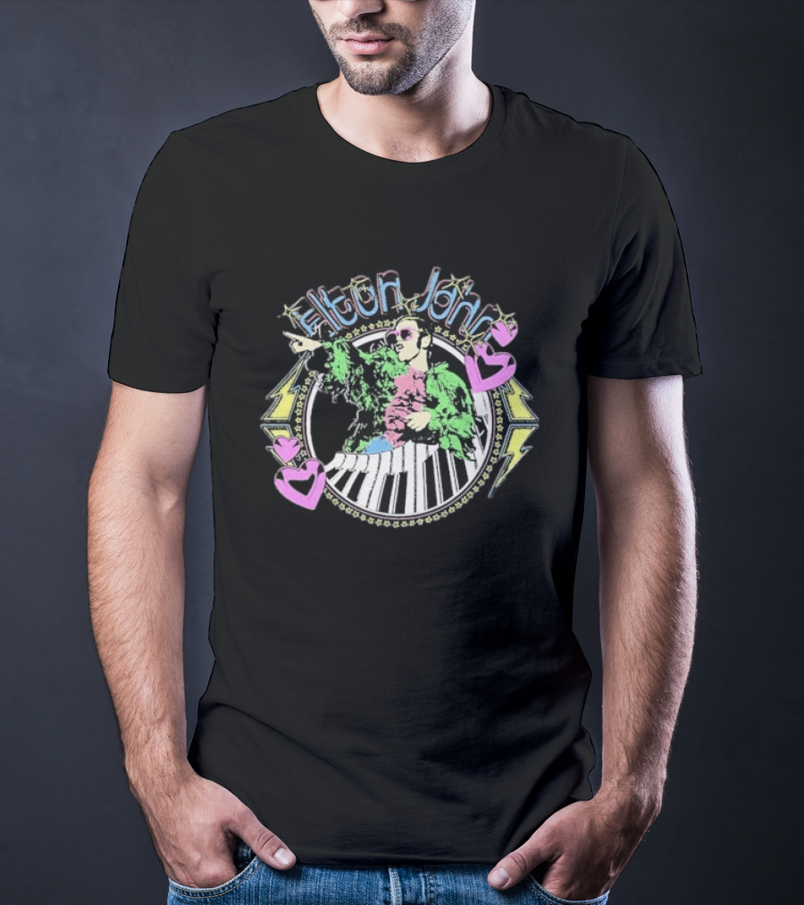 Elton John Distressed Colorful Piano And Hearts T-Shirt