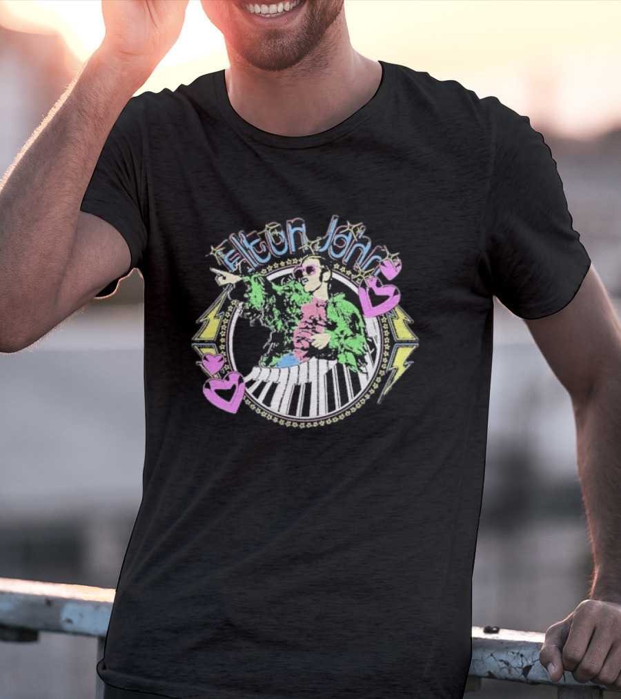 Elton John Distressed Colorful Piano And Hearts T-Shirt