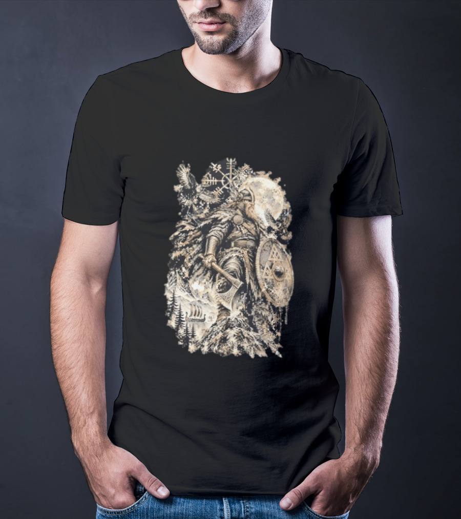 Norse God Viking Warrior Axe Valknut Symbol Raven Longship T-Shirt