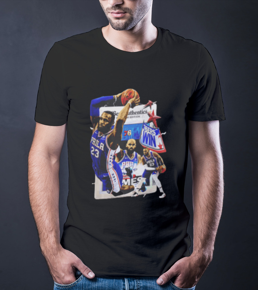 Philadelphia 76ers Lebron James Dunking Collage 76ers Win Edition T-Shirt