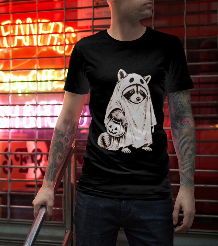 Raccoon Ghost Holding Pumpkin Bucket Halloween 2026 T-Shirt