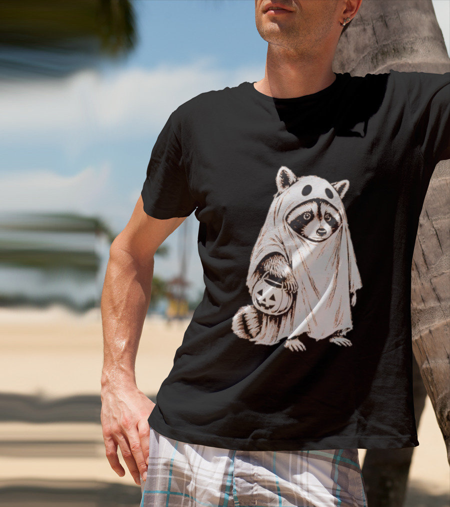 Raccoon Ghost Holding Pumpkin Bucket Halloween 2026 T-Shirt