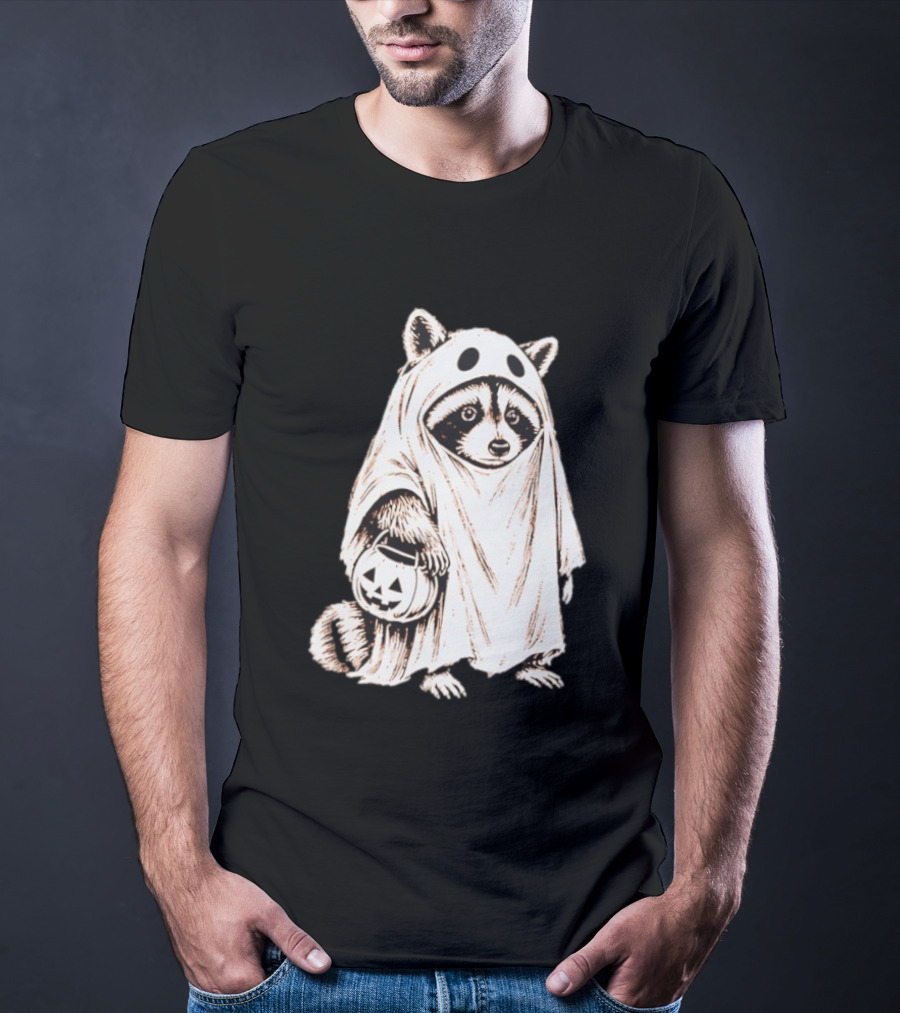 Raccoon Ghost Holding Pumpkin Bucket Halloween 2026 T-Shirt