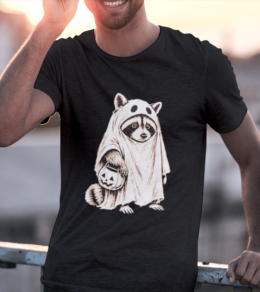Raccoon Ghost Holding Pumpkin Bucket Halloween 2026 T-Shirt