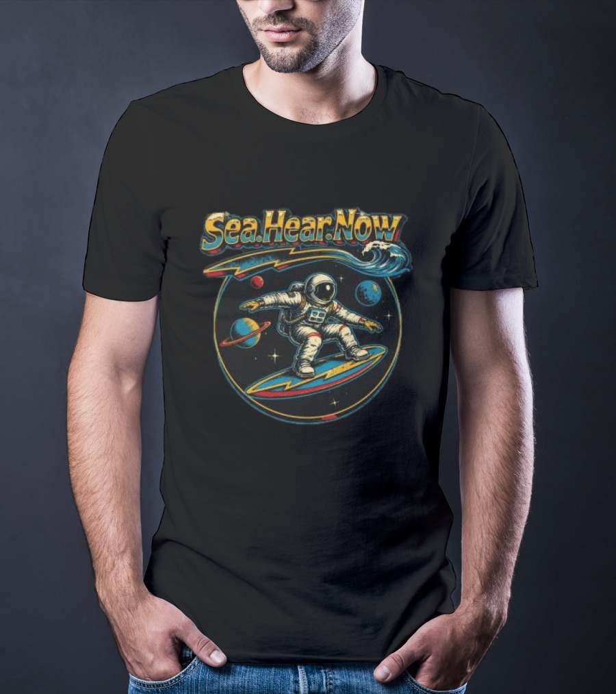 Sea Hear Now Astronaut Surfing Planets Lineup T-Shirt