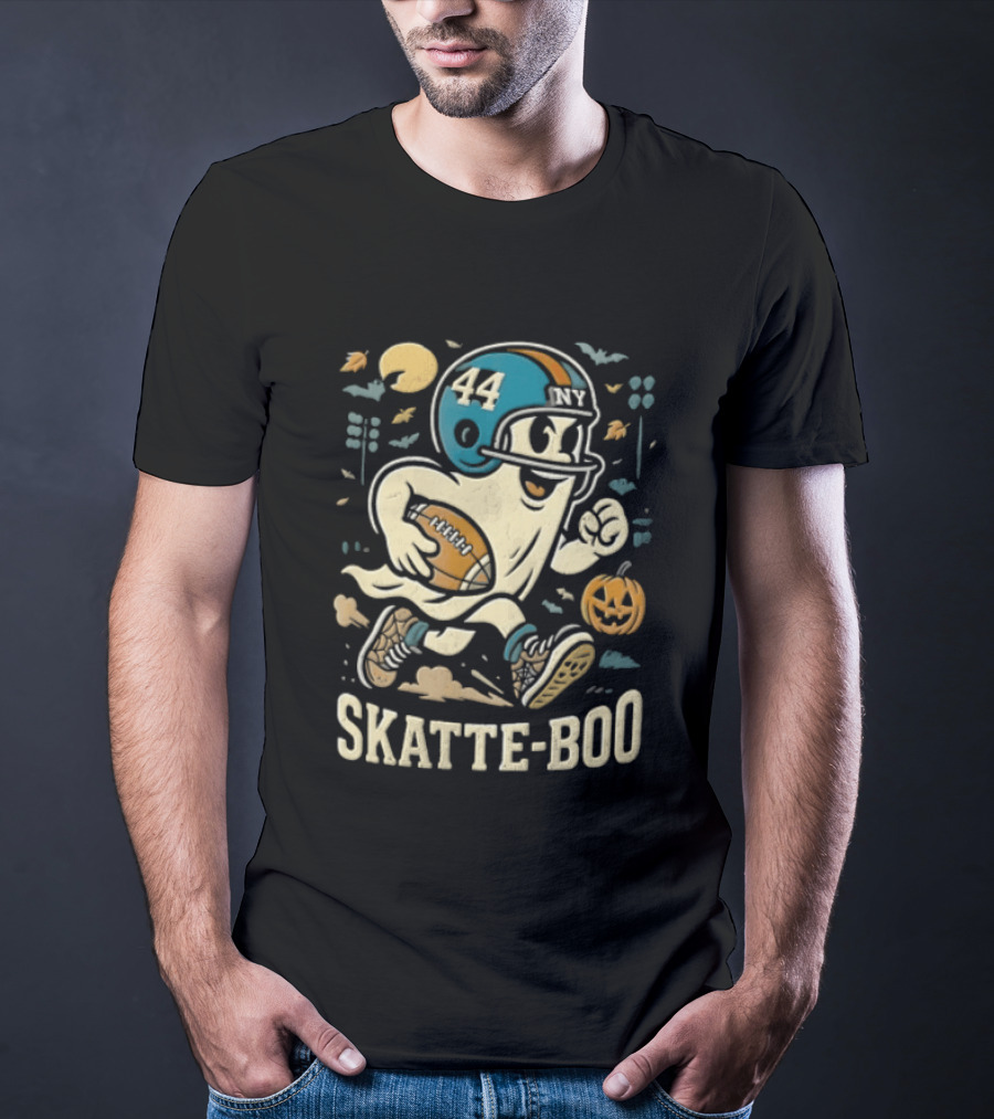 SKATTE BOO Football Helmet 44 Halloween Ghost Pumpkin T-Shirt