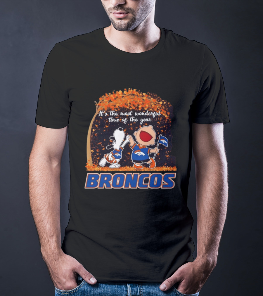 Snoopy And Charlie Brown Celebrating Denver Broncos It's The Most Wonderful Time Of The Year T-Shirt