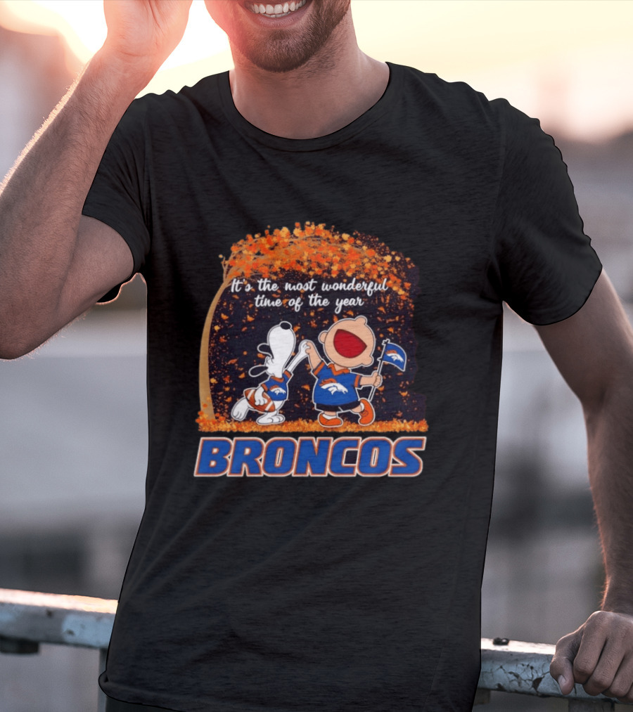 Snoopy And Charlie Brown Celebrating Denver Broncos It's The Most Wonderful Time Of The Year T-Shirt