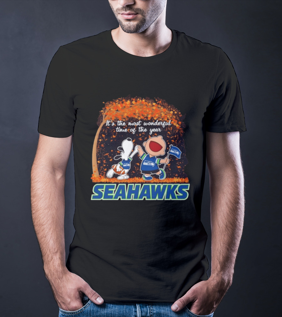 Snoopy And Charlie Brown Dancing Seattle Seahawks The Most Wonderful Time Of The Year T-Shirt