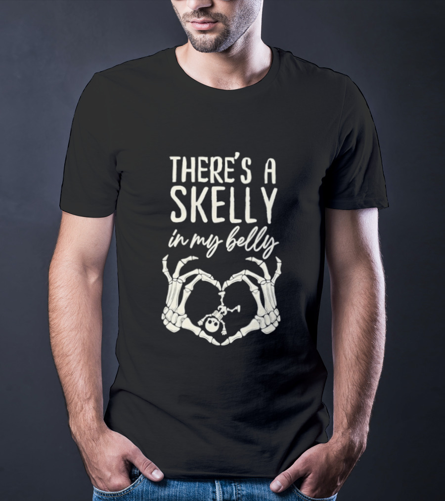 There's A Skelly In My Belly Skeleton Heart Hands Halloween Maternity T-Shirt