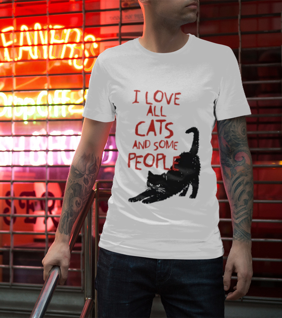 I Love All Cats And Some People Funny Cat Lovers Stretching Black Cat T-Shirt
